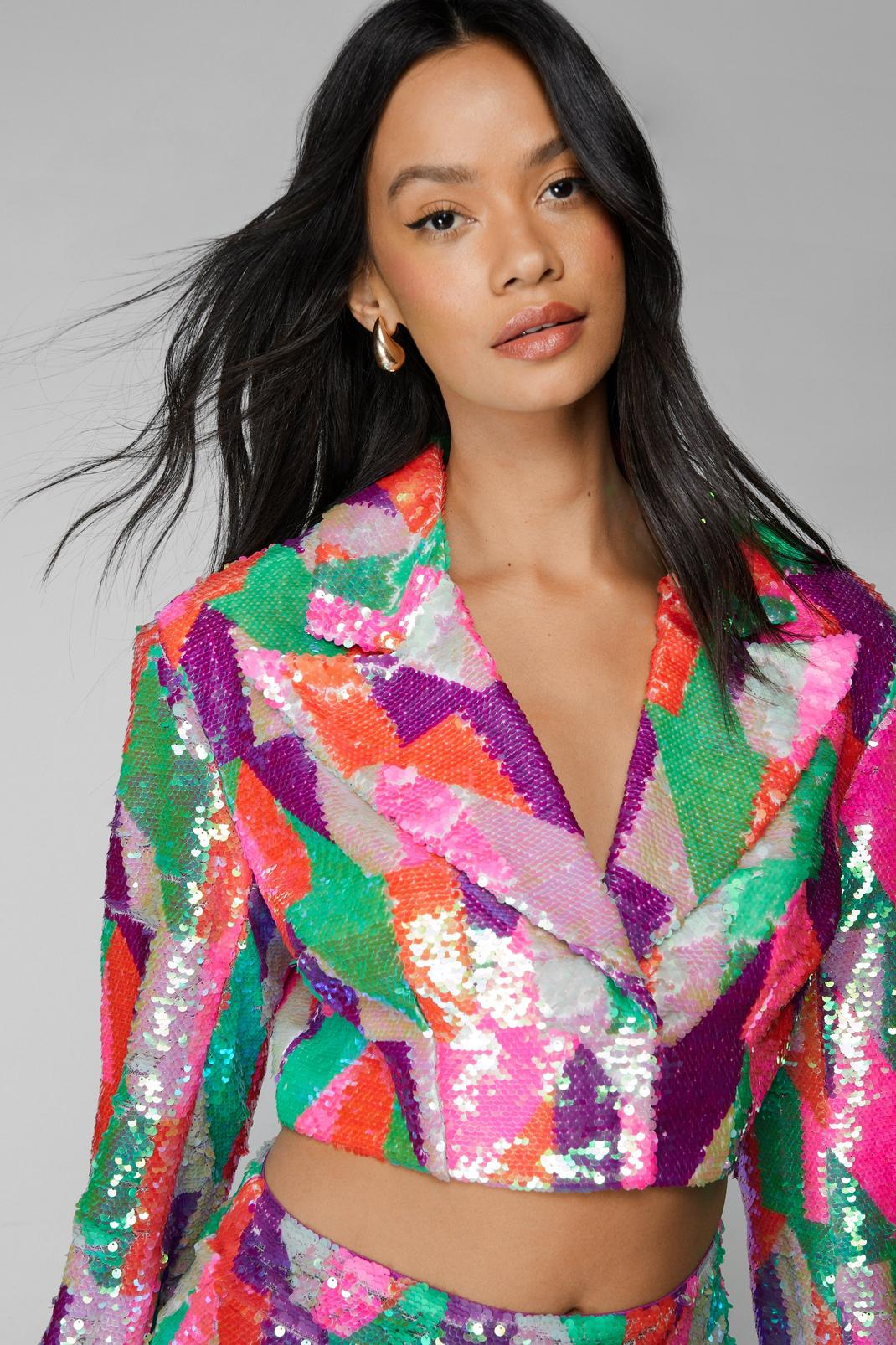 Multi Multicolor Patterned Sequin Cropped Blazer image number 1
