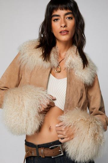 Premium Suede Shearling Cropped Afghan Jacket neutral