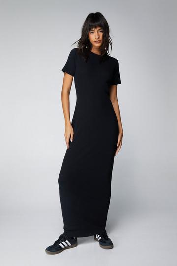 Black Capped Sleeve Ribbed Maxi Dress