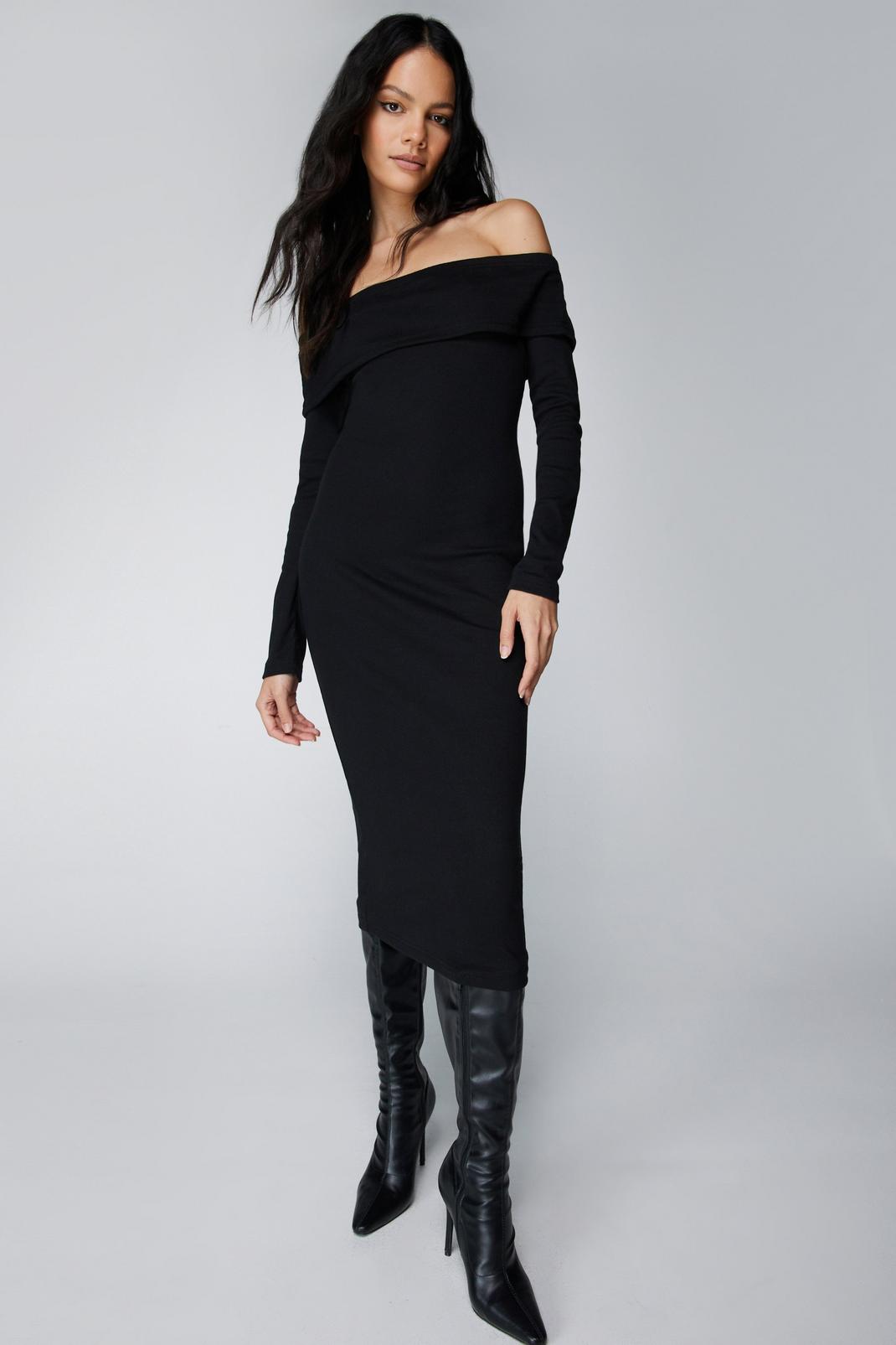 Black Ribbed Bardot Midi Dress image number 1
