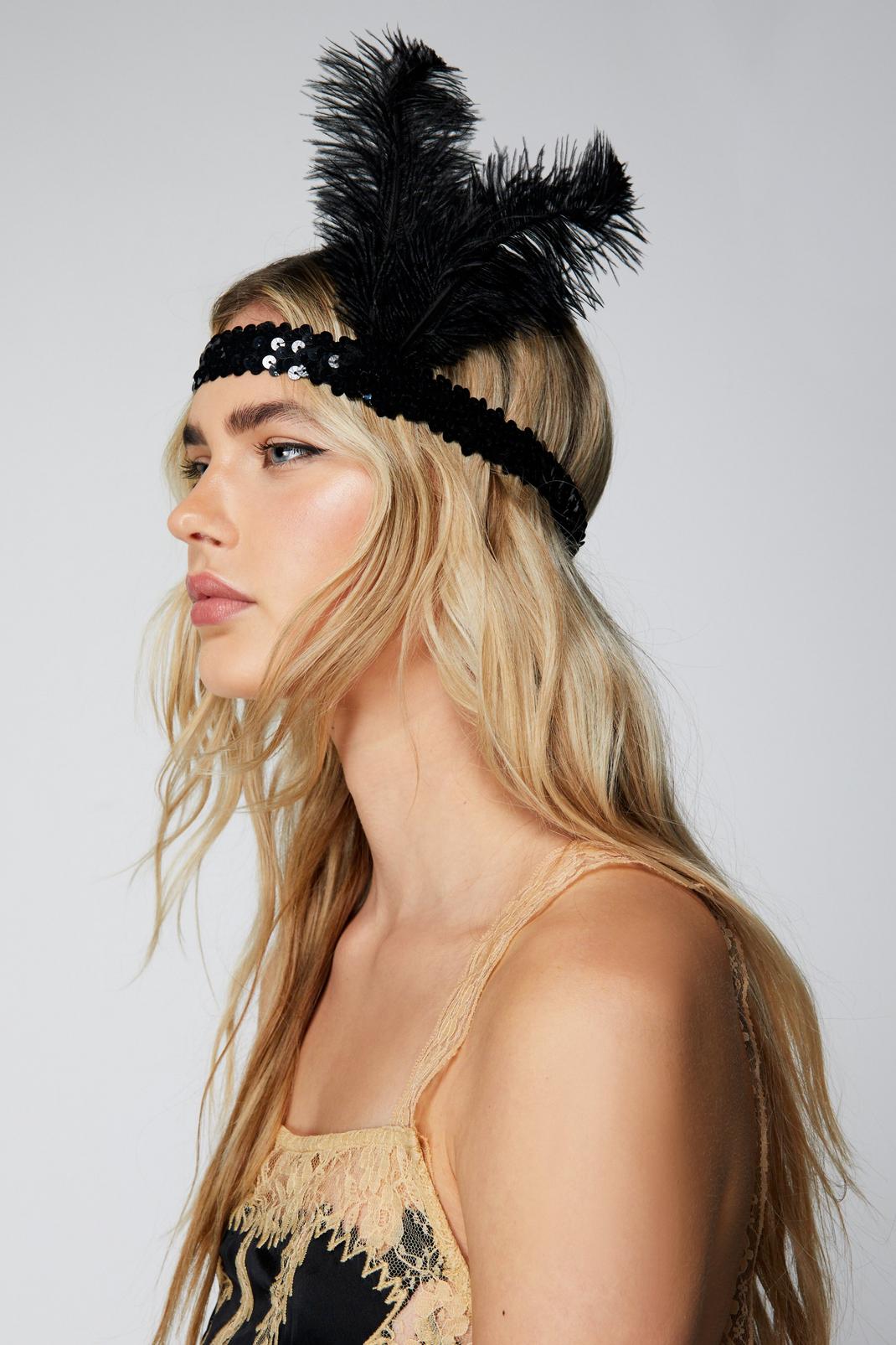 Black Sequin Feather Flapper Headband image number 1
