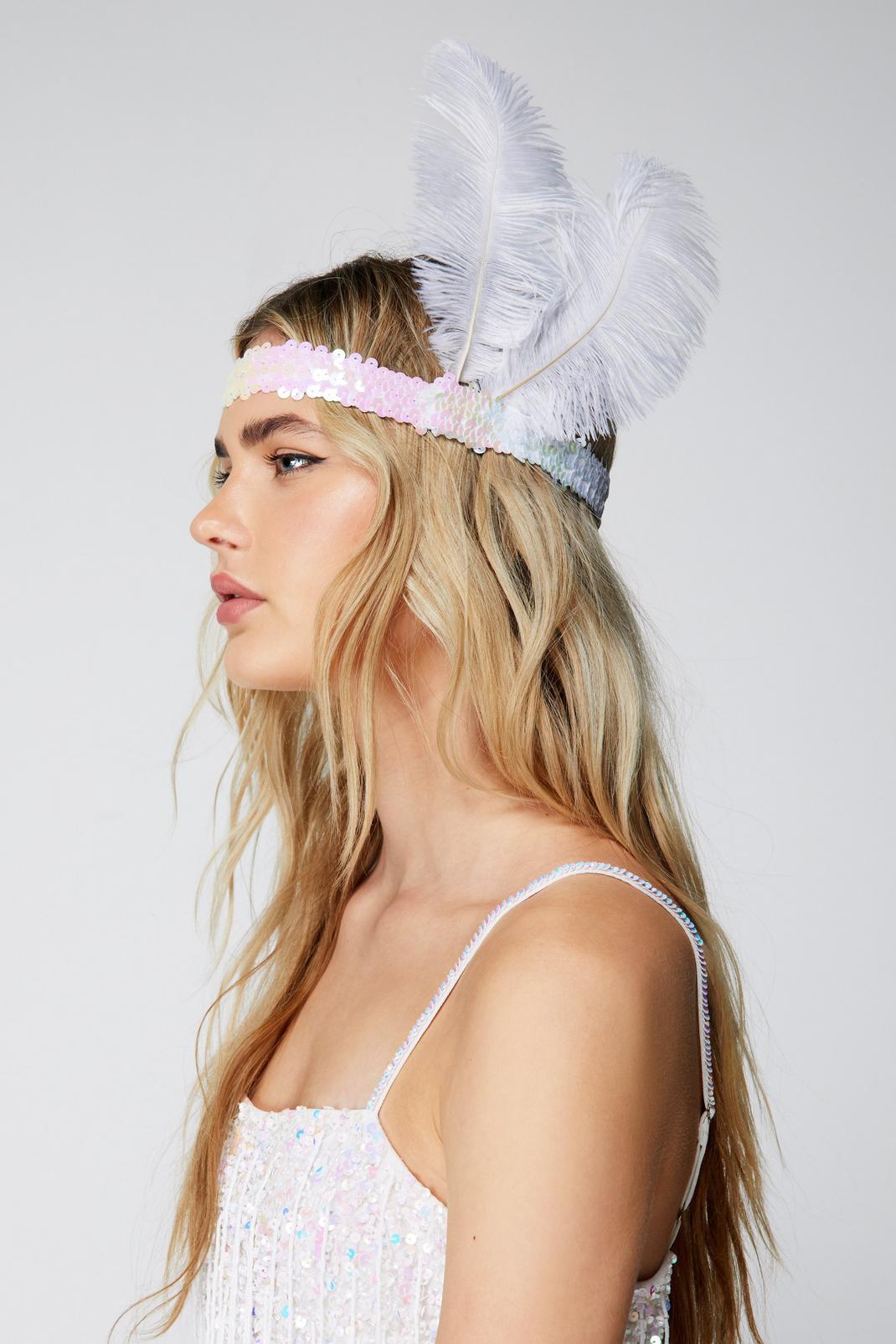White Sequin Feather Flapper Headband image number 1