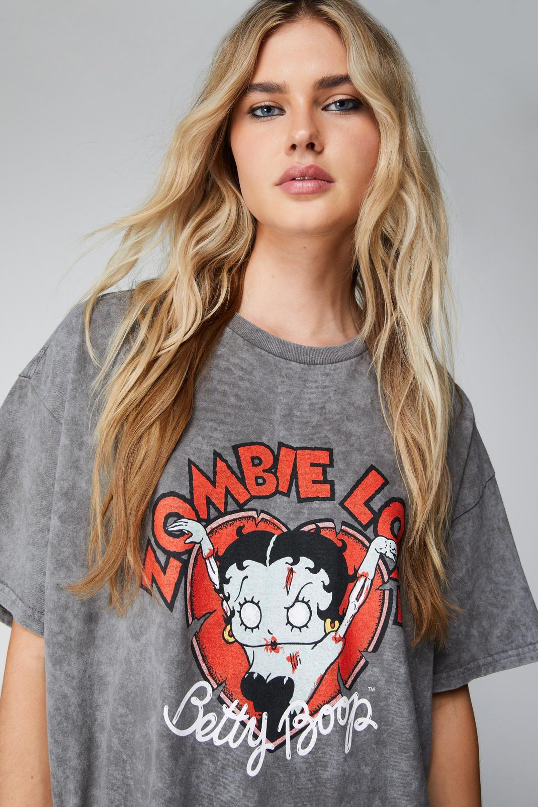 Charcoal Betty Boop Zombie Love Overdyed Graphic T-shirt image number 1