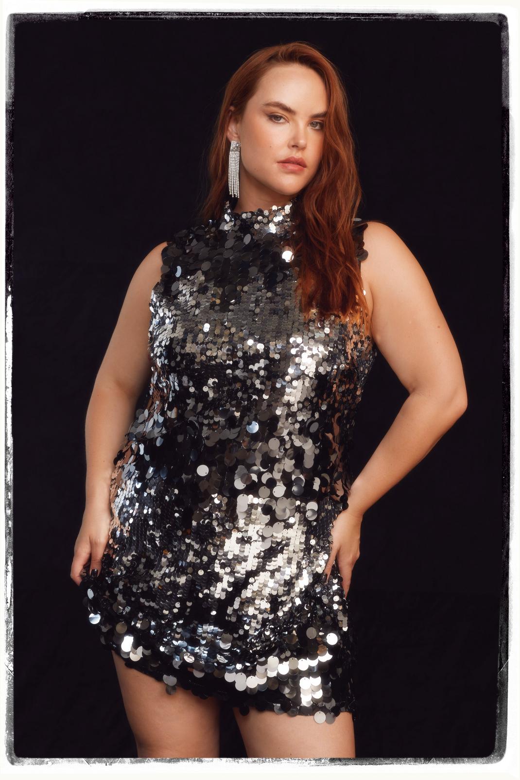 Black Plus Size Sequin Striped High Neck Shift Dress image number 1