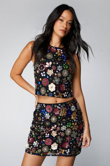 Mixed Flower Embellished Mini Skirt black