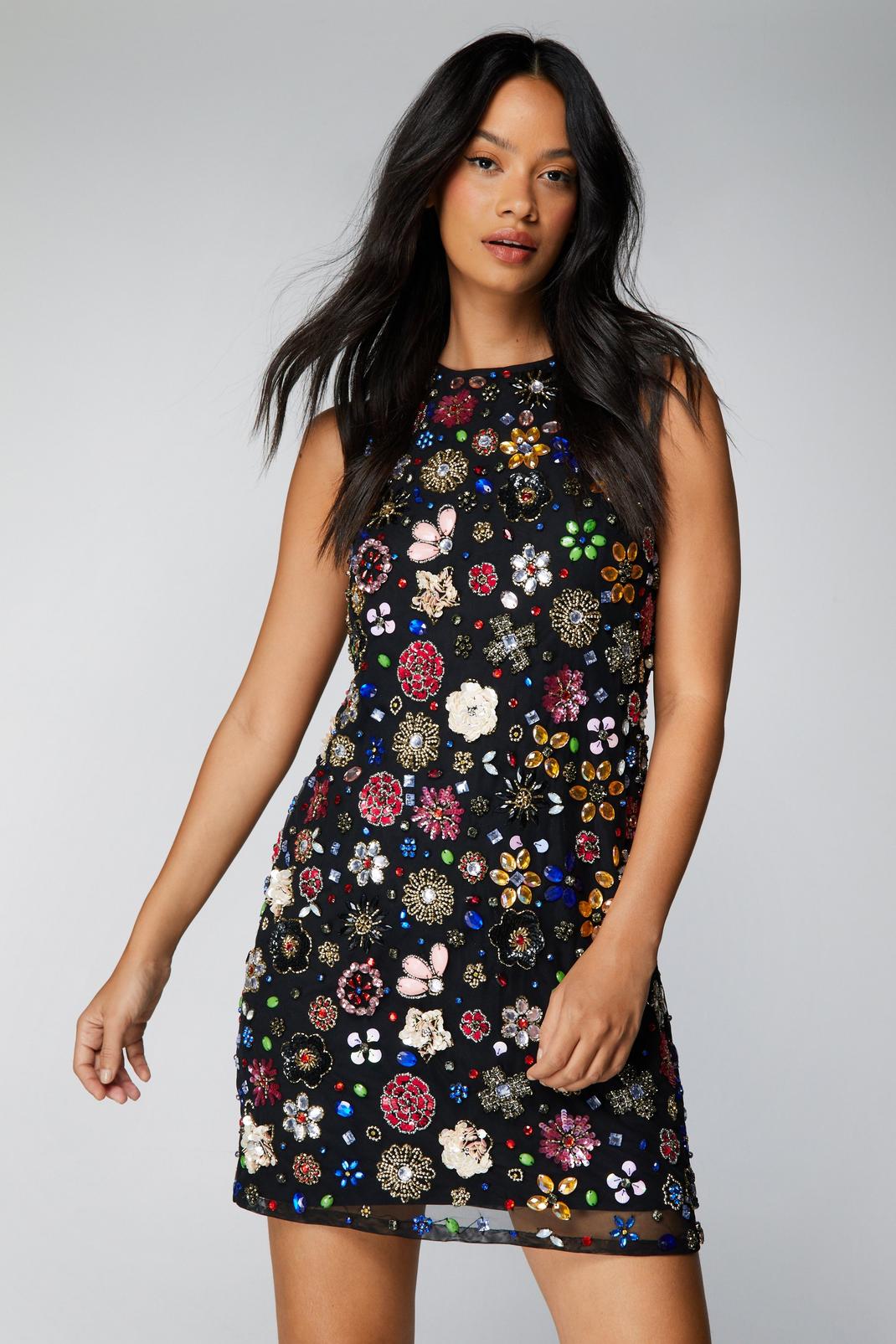 Black Mixed Flower Embellished A Line Mini Dress image number 1