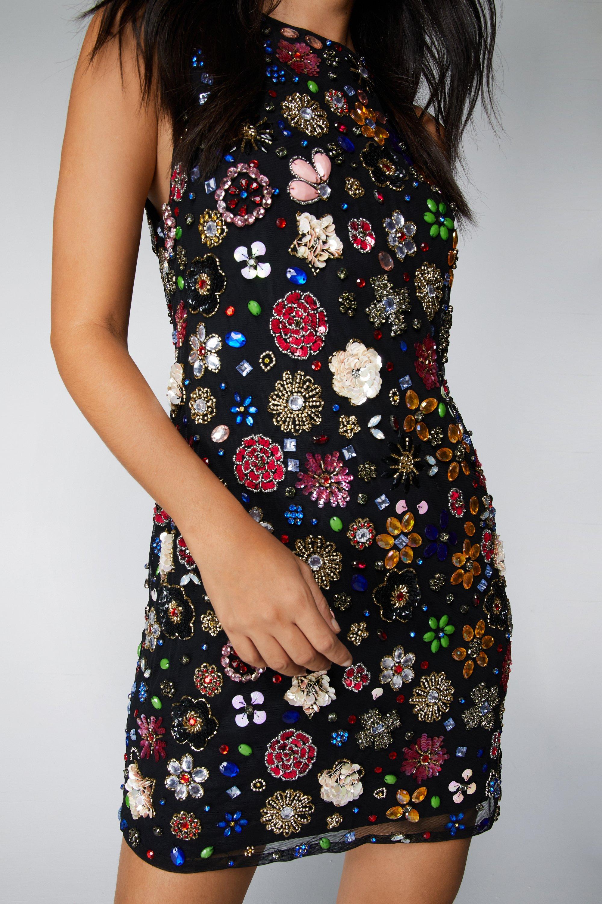 Garden Grandeur Beige Floral Embroidered A-Line Mini Dress
