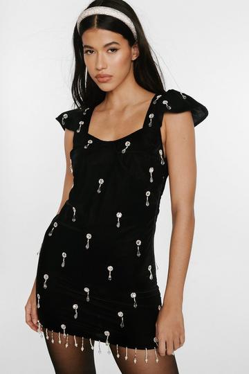 Black Velvet Embellished Mini Dress