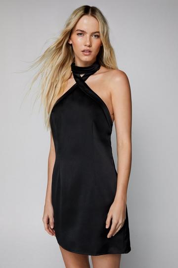 Satin Halter Tie Back Mini Dress black