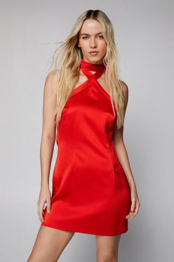 Red Satin Halter Tie Back Mini Dress