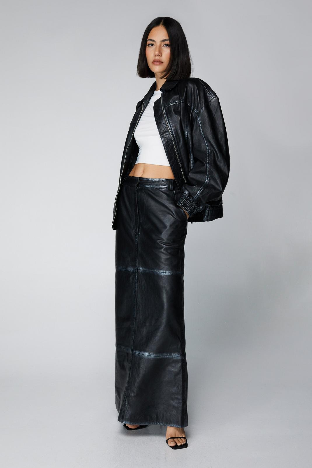 Real Leather Distressed Metallic Maxi Skirt, Black image number 1