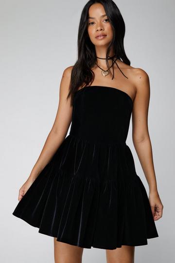 Structured Velvet Bandeau Tiered Mini Dress black