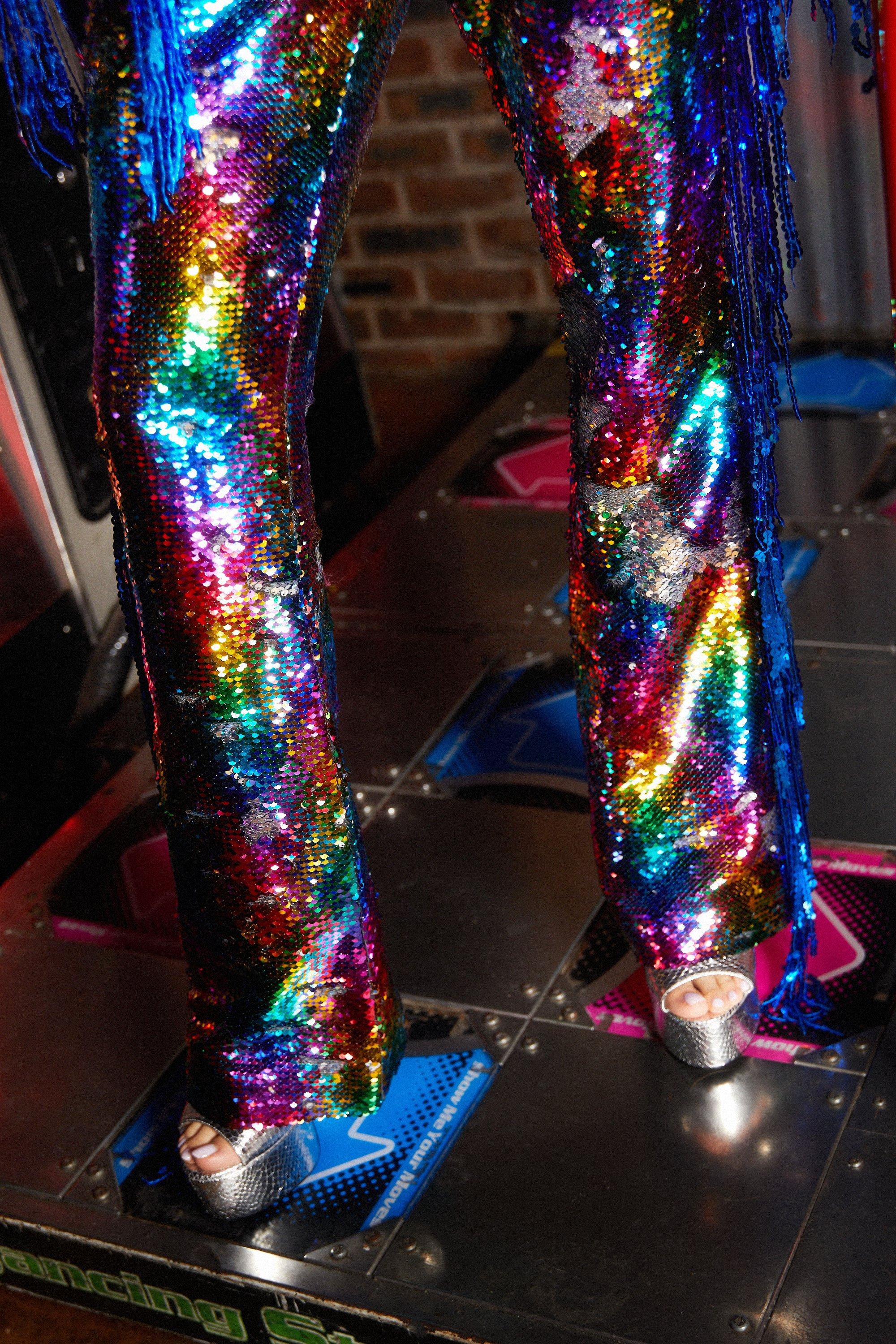 Rainbow Sequin Fringe Flare Pants