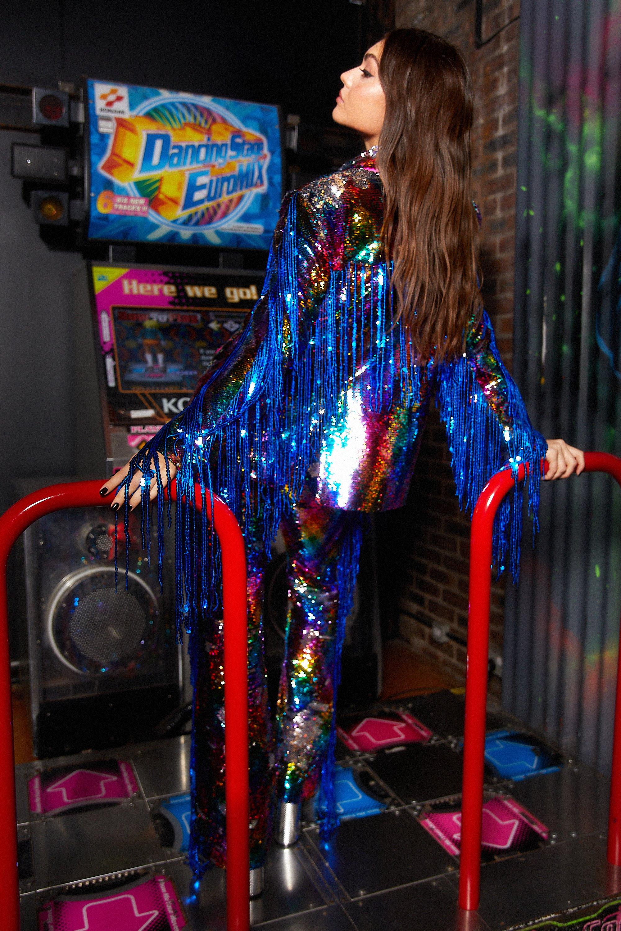 Rainbow Sequin Fringe Flare Pants