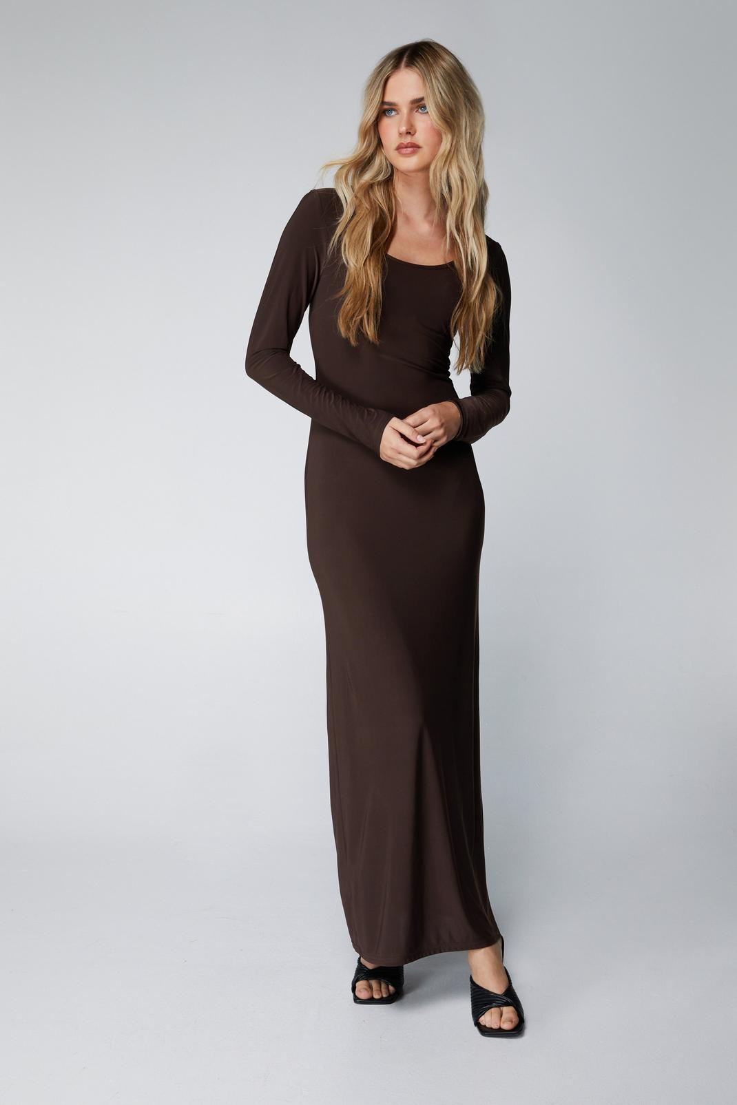 Brown Long Sleeve Slinky Maxi Dress image number 1