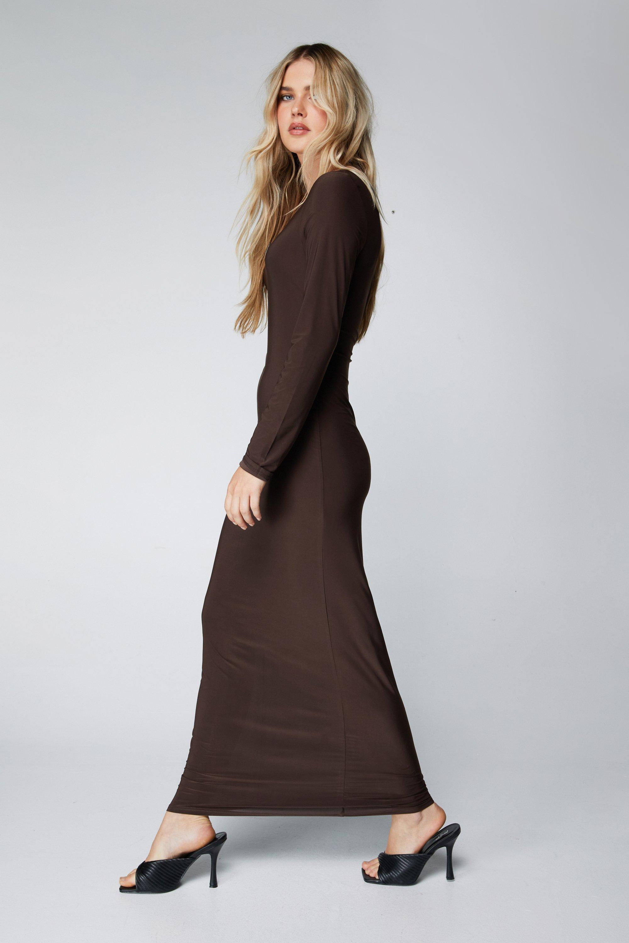 Petite Long Sleeve Square Neck Slinky Maxi Dress