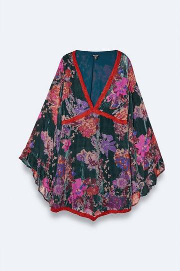 Plus Size Lace Trim Floral Devore Flare Sleeve Mini Dress multi