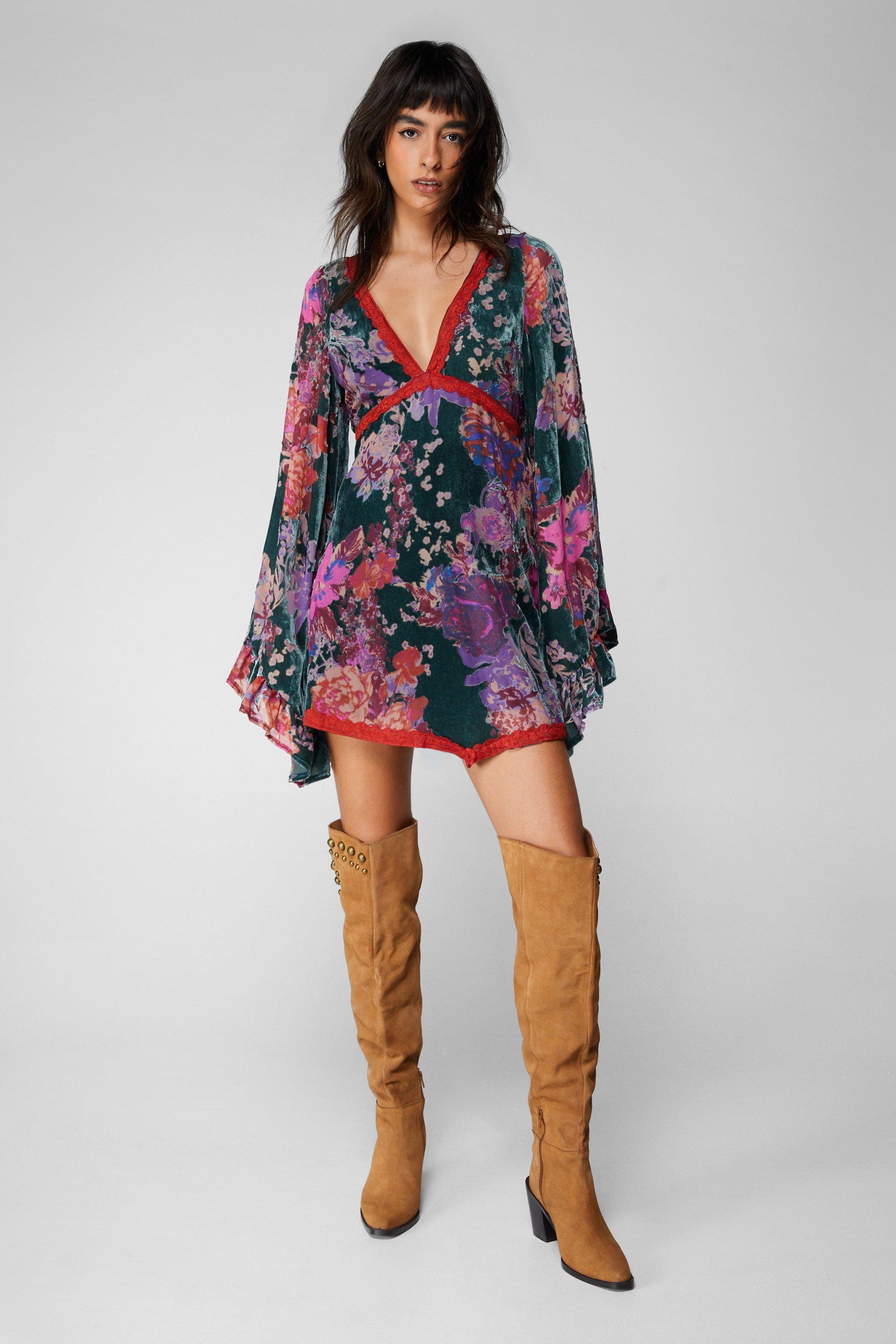 Lace Trim Floral Devore Flare Sleeve Mini Dress | Nasty Gal