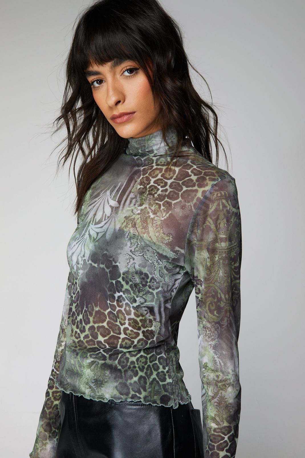 Green Printed Mesh High Neck Top image number 1