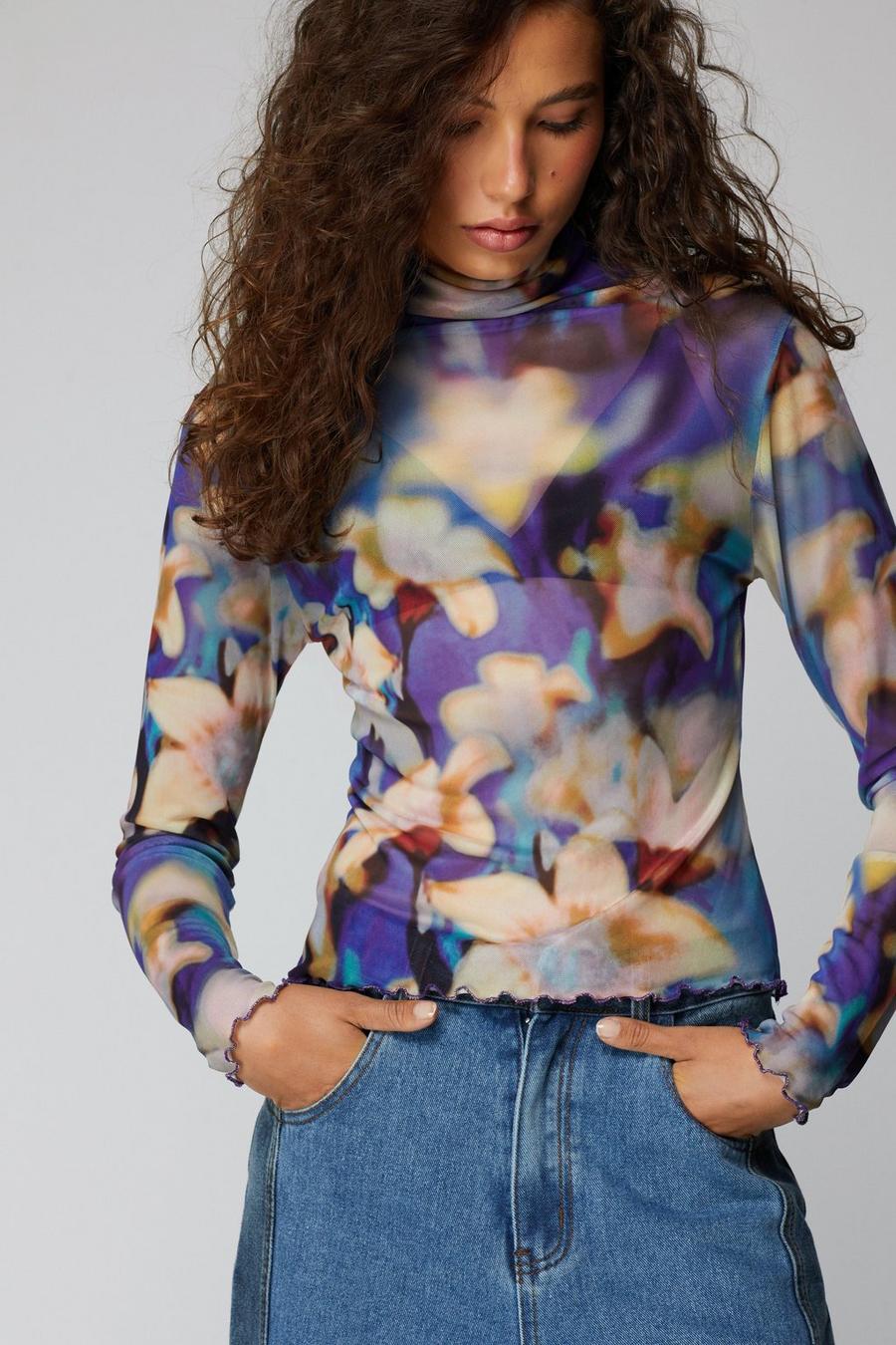 Printed Mesh Funnel Neck Top
