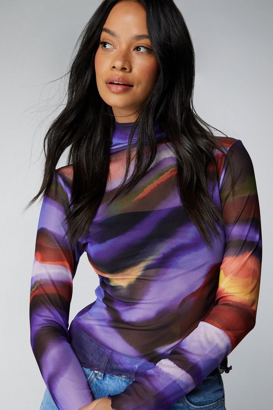 Printed Mesh Funnel Neck Top