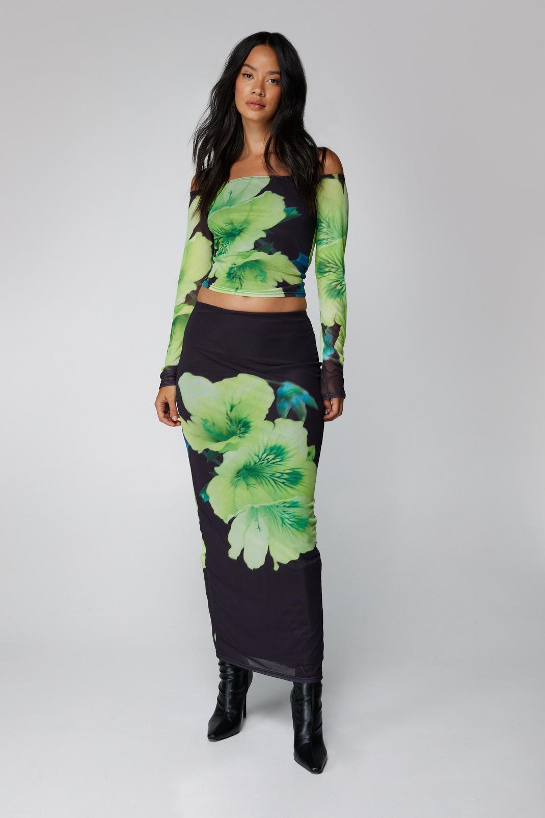 Green Floral Print Mesh Maxi Skirt image number 1