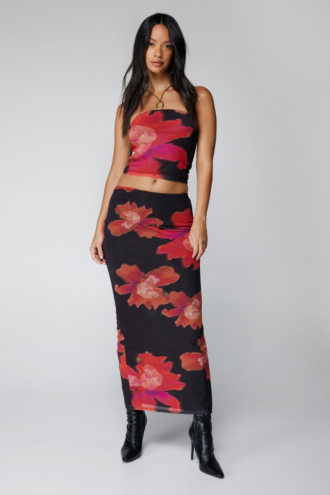 Red Floral Print Mesh Maxi Skirt image number 1
