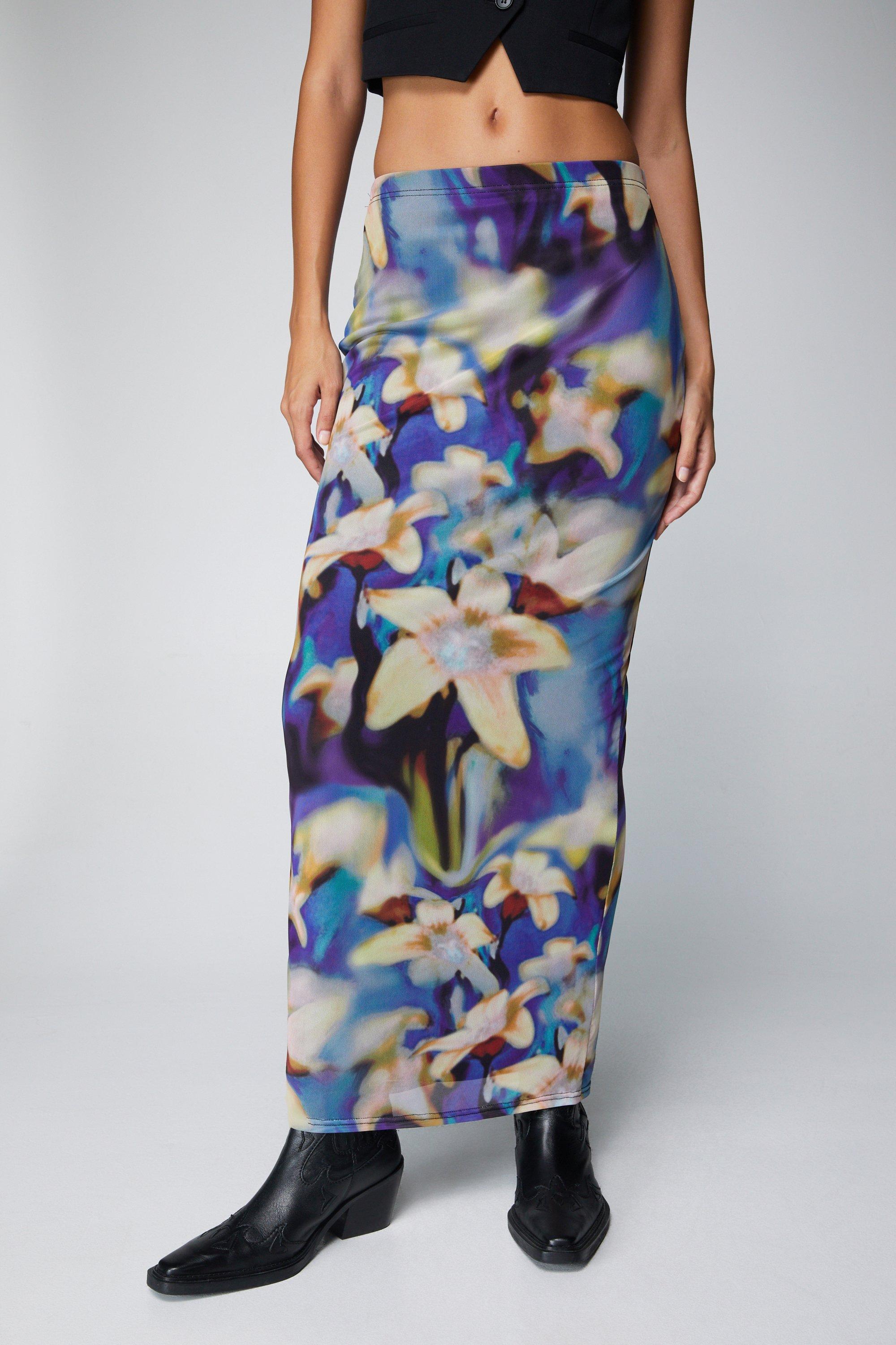Floral Printed High Waist Mesh Skirt