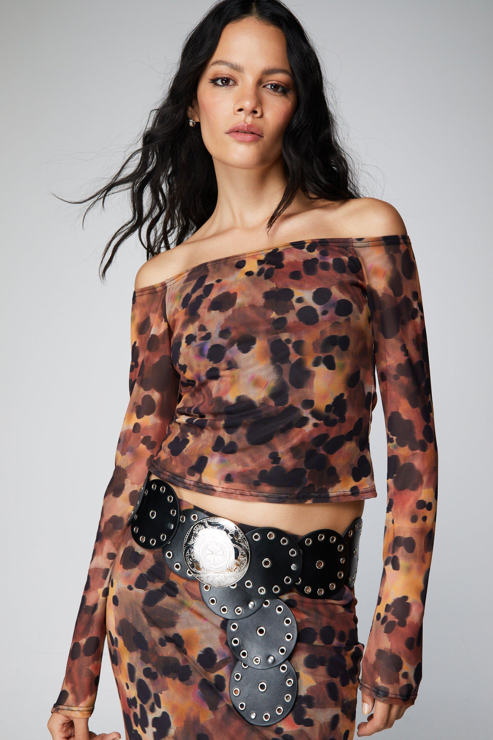 Printed Mesh Bardot Long Sleeve Top | Nasty Gal