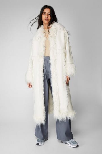 Premium Faux Leather Faux Fur Detail Longline Coat off white