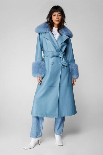 Plush Fur Trim Belted Faux Leather Coat dusty blue