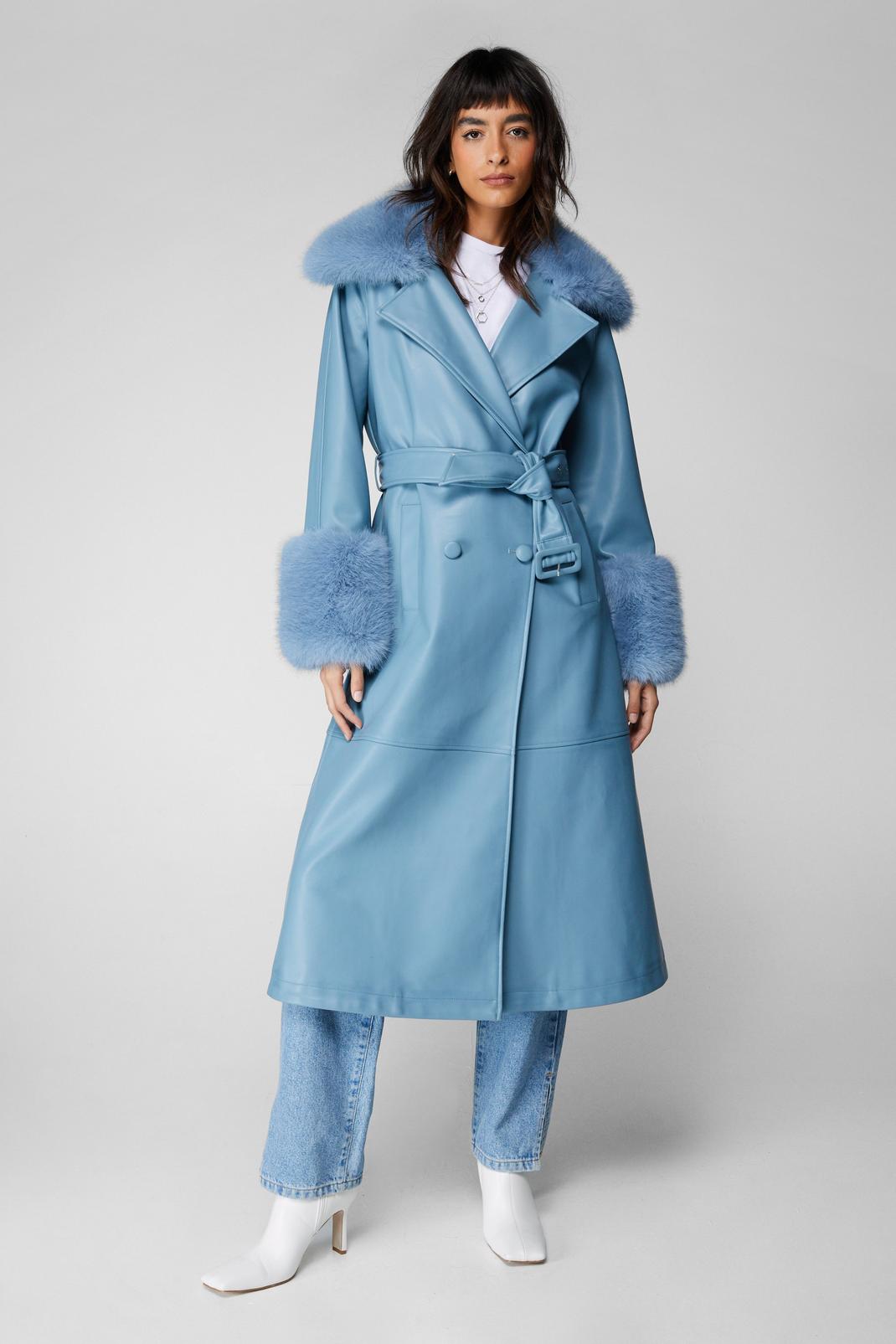 Dusty blue Plush Fur Trim Belted Faux Leather Coat image number 1