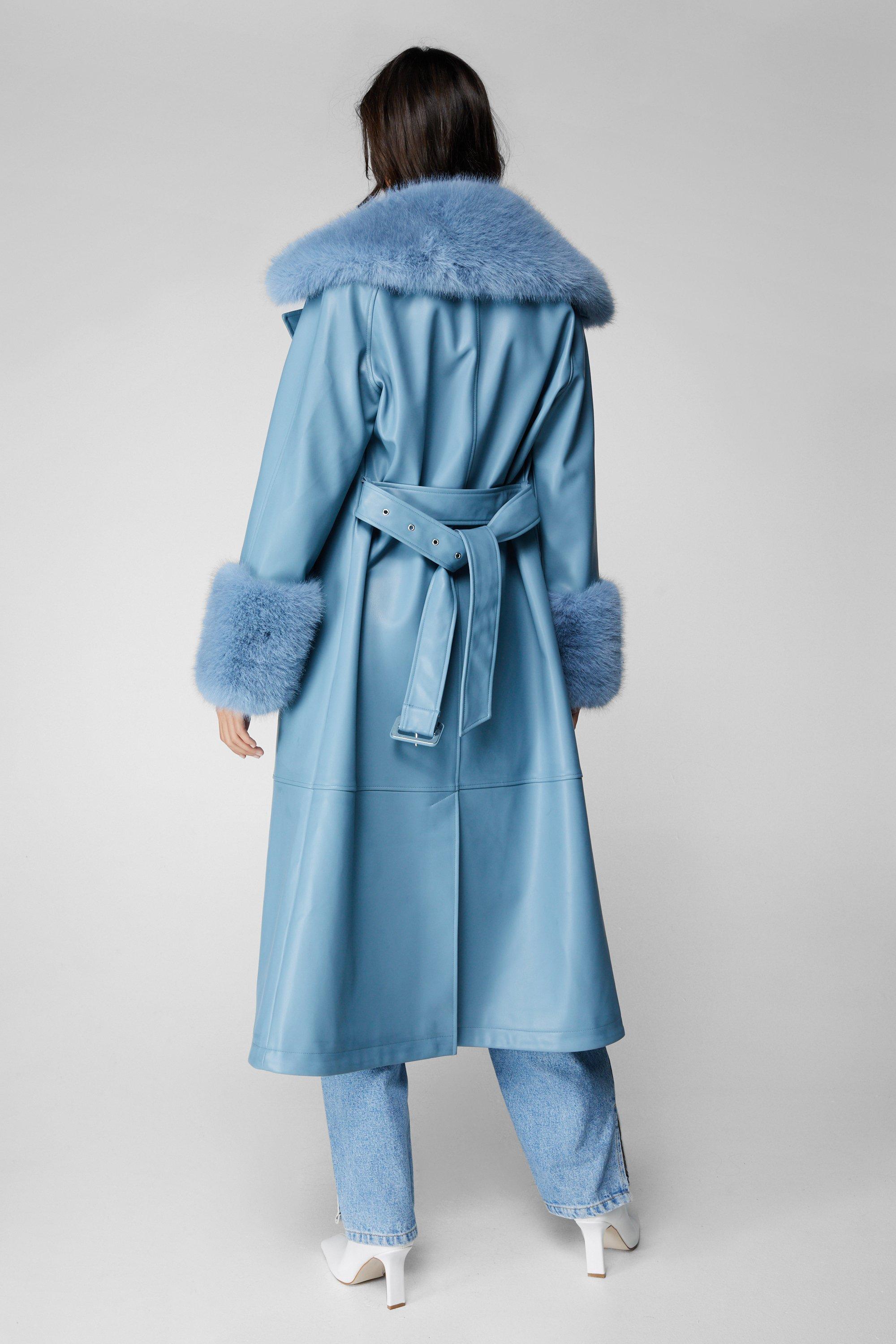 Faux Fur Trim Shaped Belted Puffer Jacket - Blue