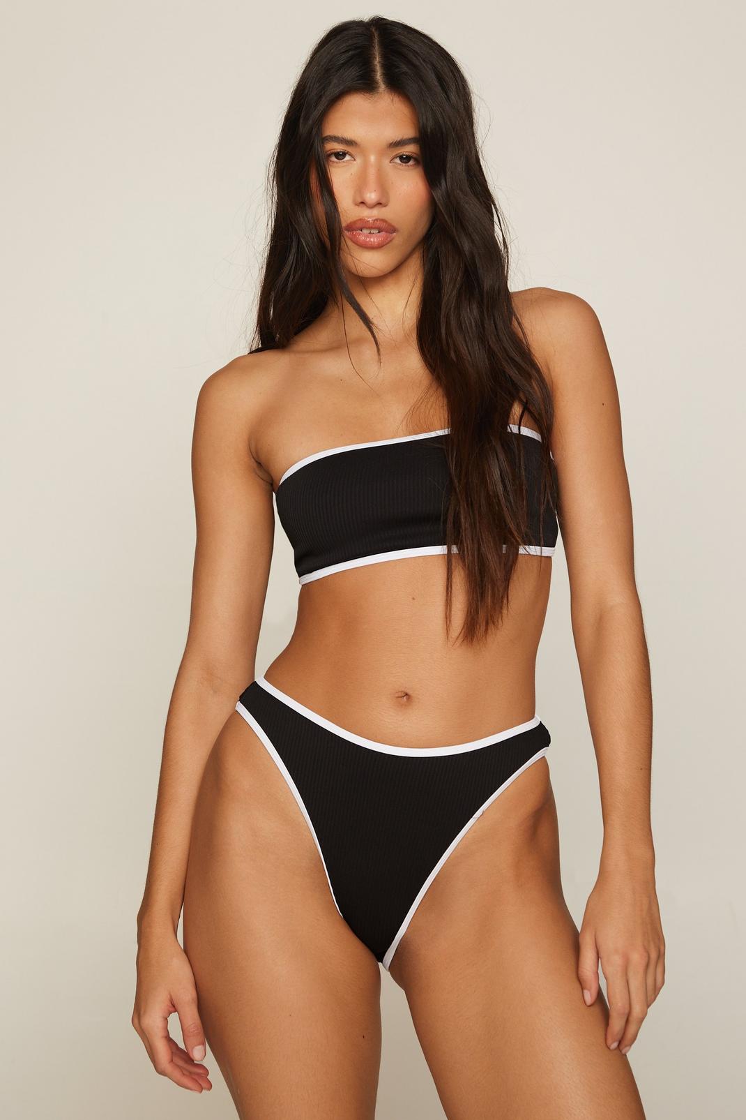 Bikini côtelé à empiècement contrastant, Black image number 1