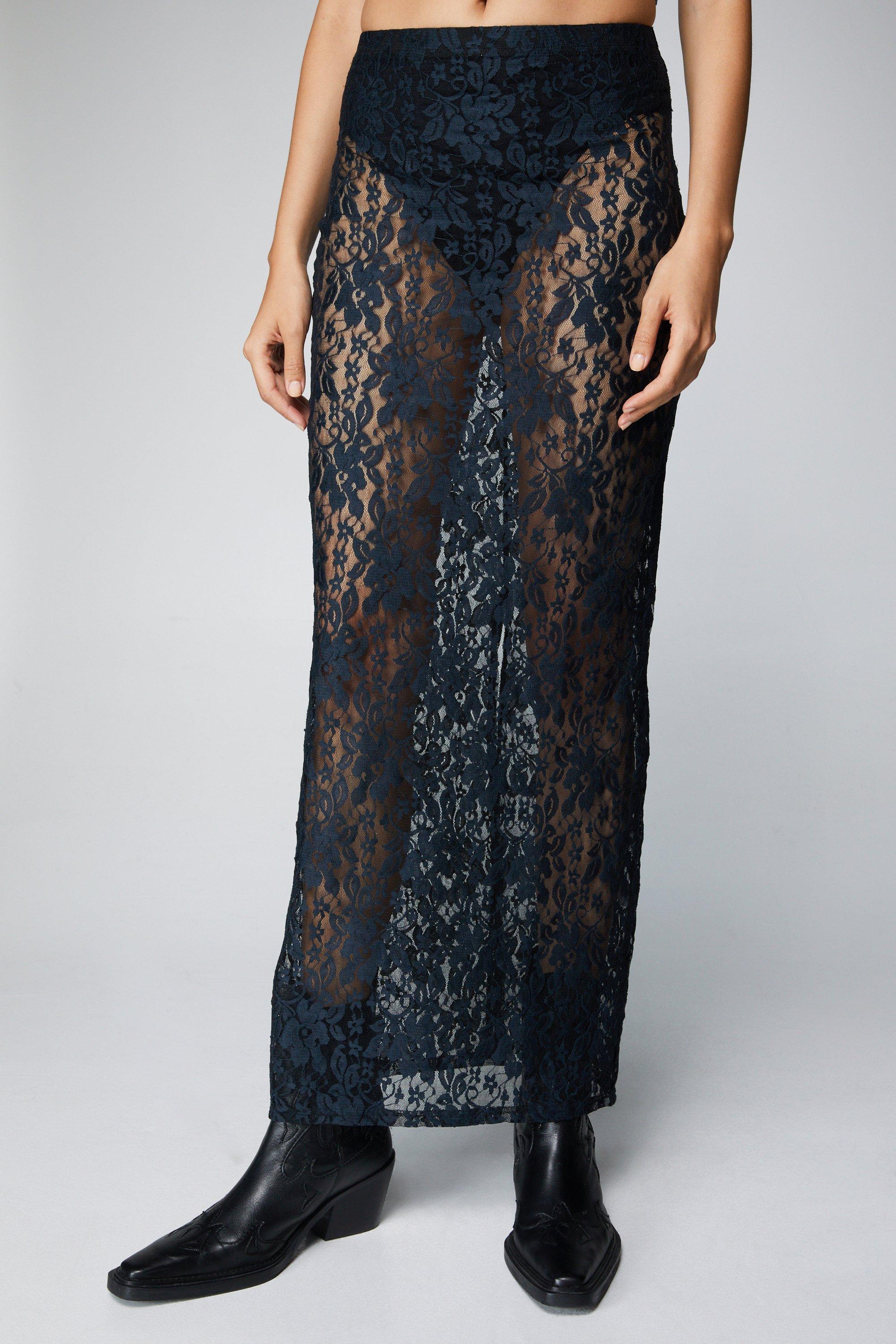 Sheer Floral Lace Maxi Skirt Black