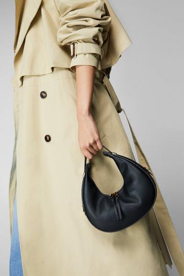 Black Faux Leather Half Moon Double Zip Shoulder Bag