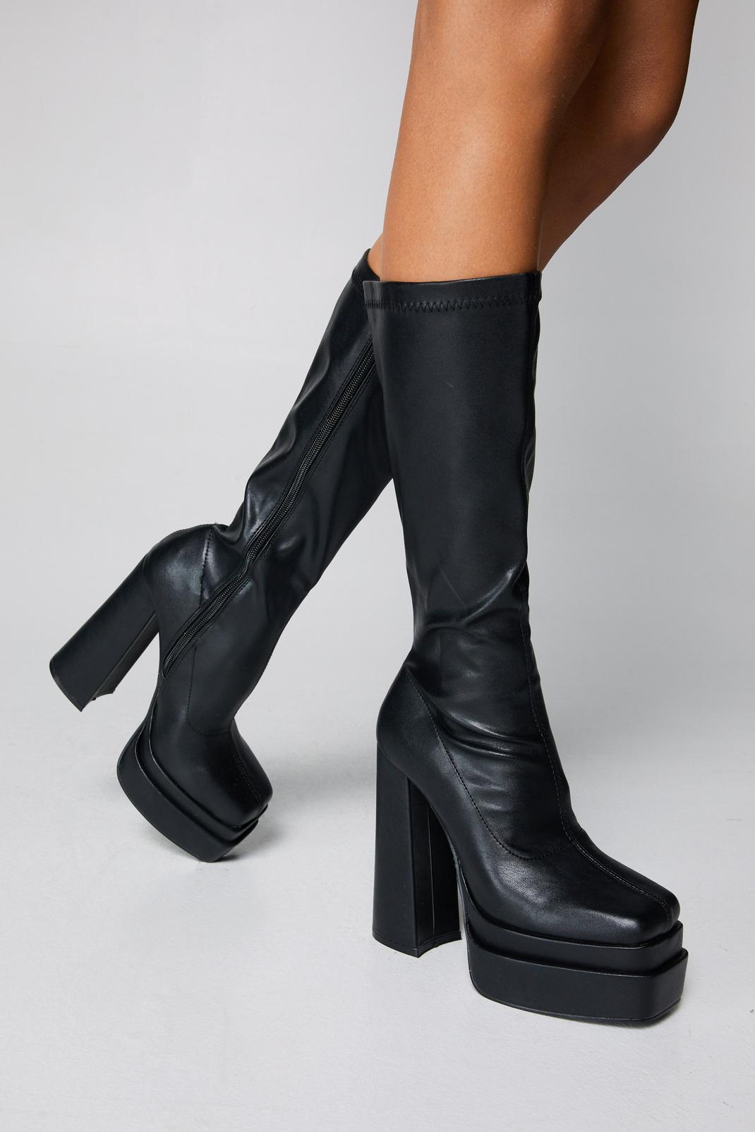 Black Faux Leather Platform Knee High Sock Boots image number 1