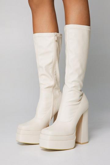 Faux Leather Platform Knee High Sock Boots cream