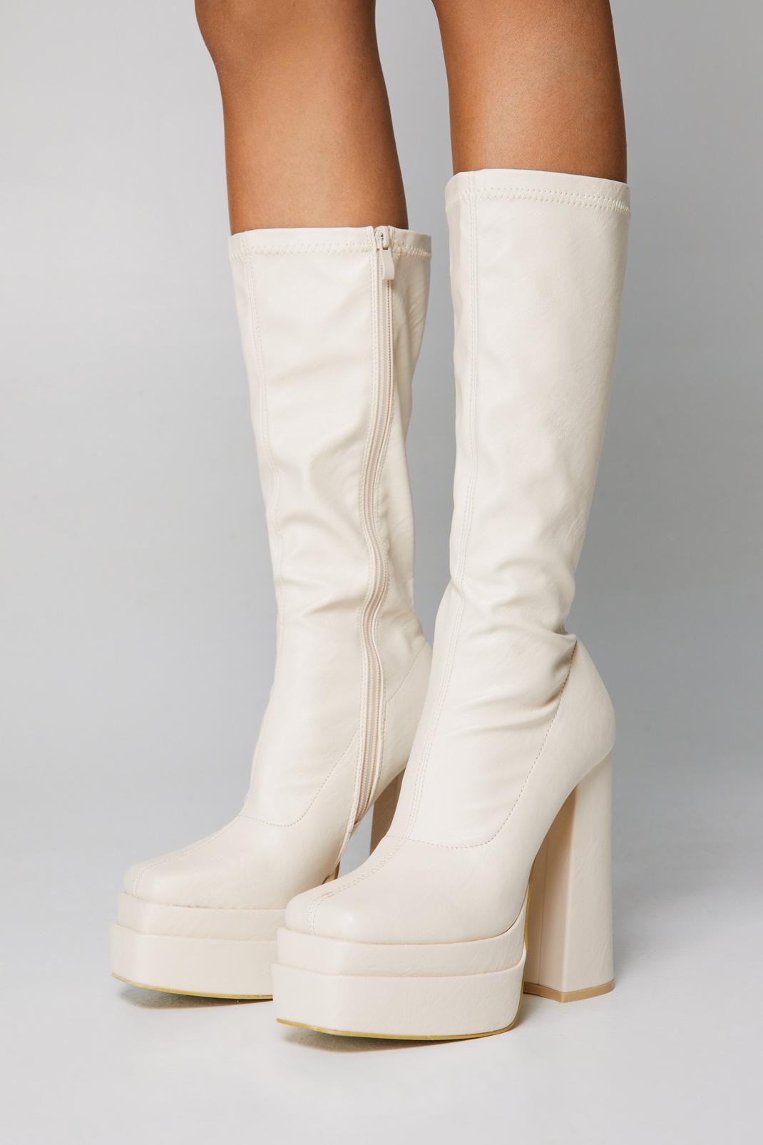 Cream Faux Leather Platform Knee High Sock Boots image number 1