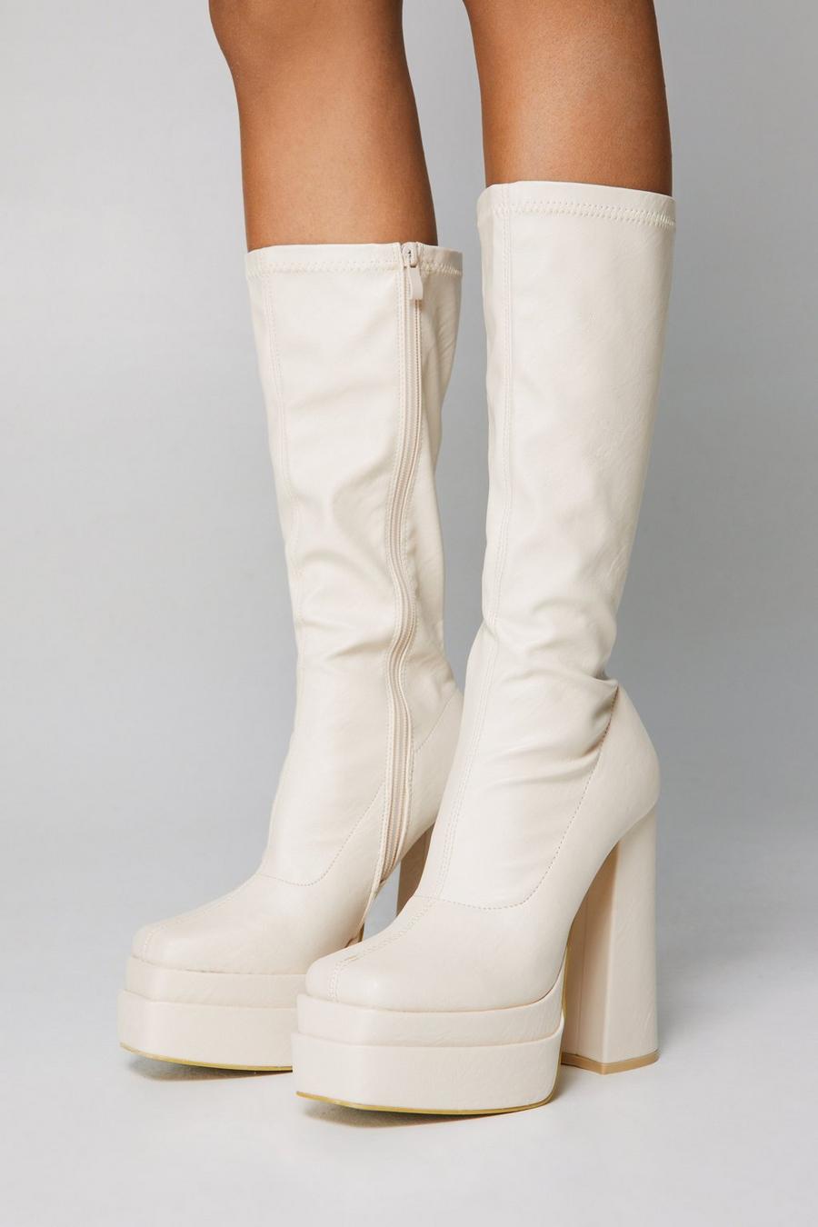 Faux Leather Platform Knee High Sock Boots