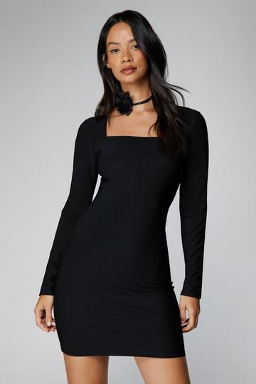 Square Neck Long Sleeve Mini Dress black