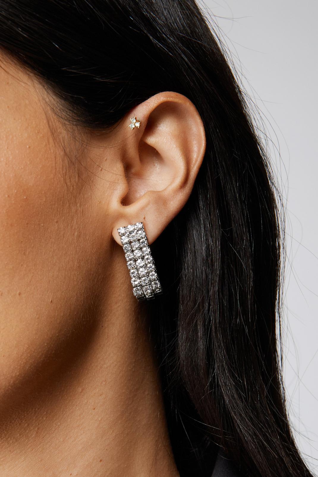 Silver Diamante Rectangle Hoop Earrings image number 1