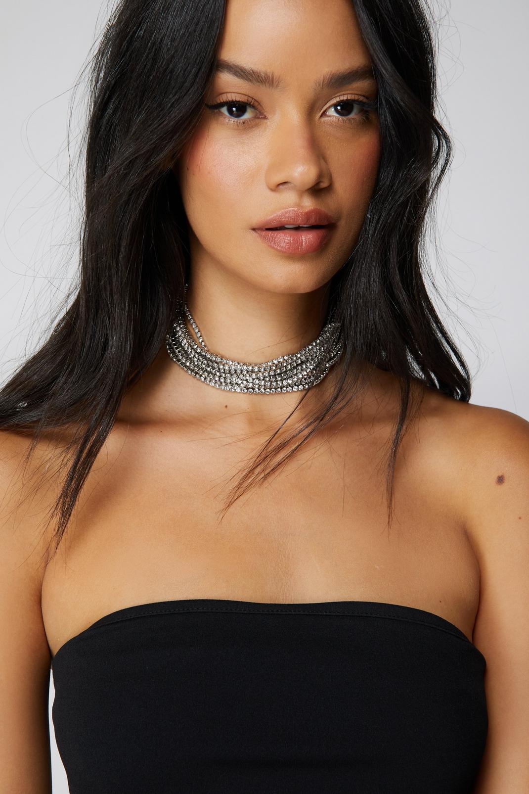 Silver Diamante Layered Choker image number 1