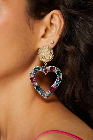 Diamante Colored Heart Earrings gold