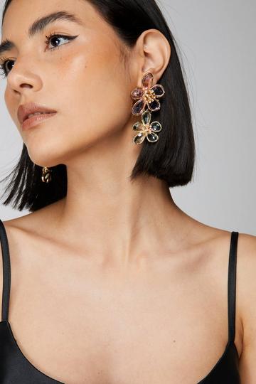 Gold Metallic Diamante Flower Drop Earrings