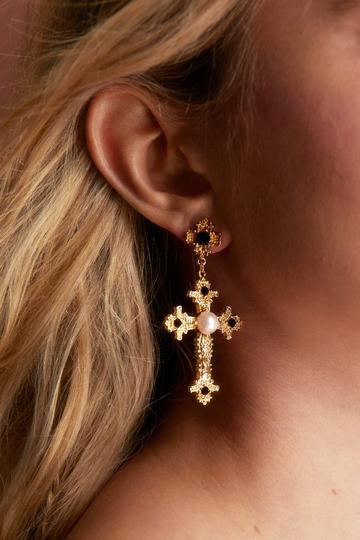 Gold Metallic Recycled Cross Earrings