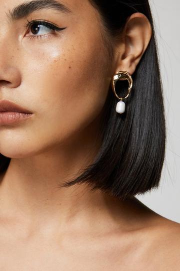 Gold Metallic Natural Pearl Drop Earrings