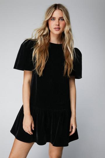 Structured Velvet Puff Sleeve Mini Dress black
