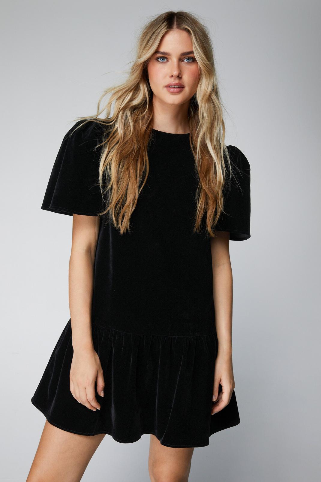 Black Structured Velvet Puff Sleeve Mini Dress image number 1
