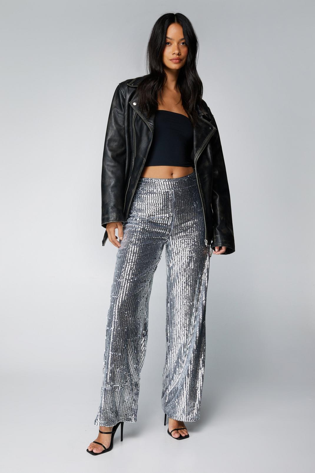 Silver Metallic Sequin Wide Leg Trousers image number 1